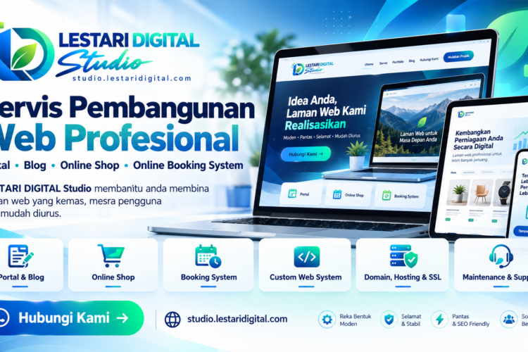 Banner Lestari Digital Studio memaparkan servis pembangunan web profesional termasuk portal, blog, online shop dan online booking system