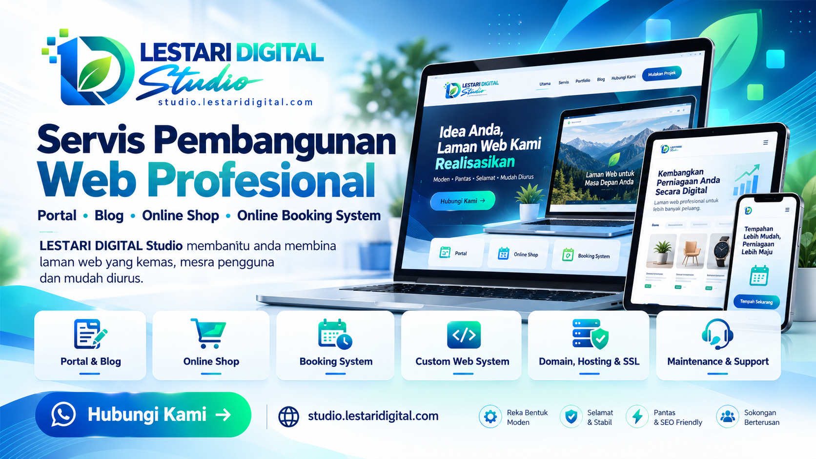 Banner Lestari Digital Studio memaparkan servis pembangunan web profesional termasuk portal, blog, online shop dan online booking system